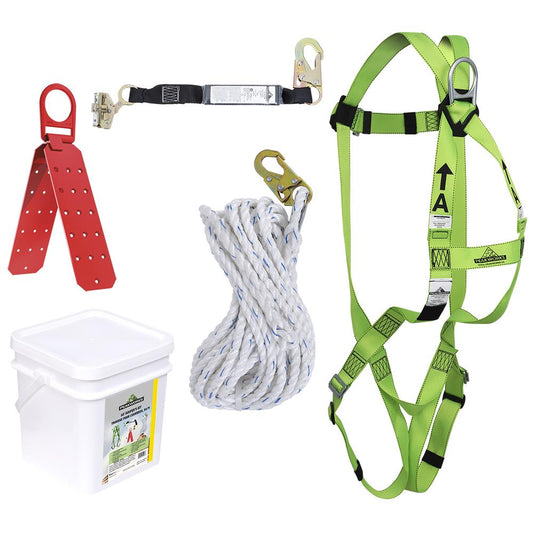 Peakworks, Kit de couvreur Compliance - Support réutilisable - Coulisseau de sécurité ADP intégré - Longe SP de 2 pi (0,6 m) - 50 pi (15,2 m)