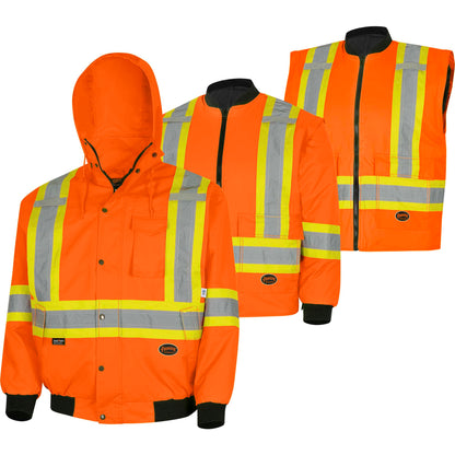 Hi-Vis Waterproof 7-in-1 Safety Bomber Jackets, Orange/Black, SZ: 2XL