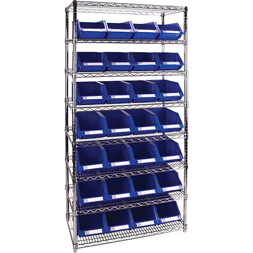 Heavy-Duty Wire Shelving Unit with Blue Storage Bins, 8 Tiers, 36" W x 74" H x 14" D