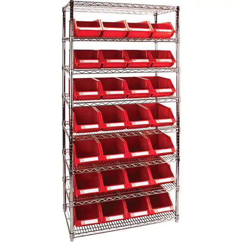 Heavy-Duty Wire Shelving Unit with Red Storage Bins, 8 Tiers, 36" W x 74" H x 14" D