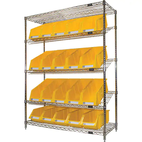 Slanted Wire Shelf with Bins, 5 Tiers, 48" W x 63" H x 18" D