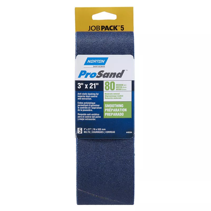 Bande abrasive de finition, de meulage, de polissage et de ponçage Norton - Grain 80, matériau en alumine de zircone, matériau de support en tissu, 21 po X 3 po, 5/pk