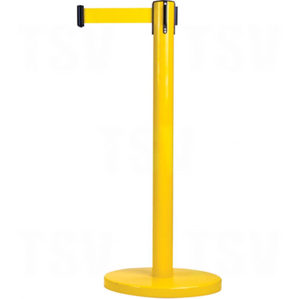 Barrière de contrôle des foules autoportante, acier, 35 po de hauteur, ruban jaune, longueur de ruban de 12 pi