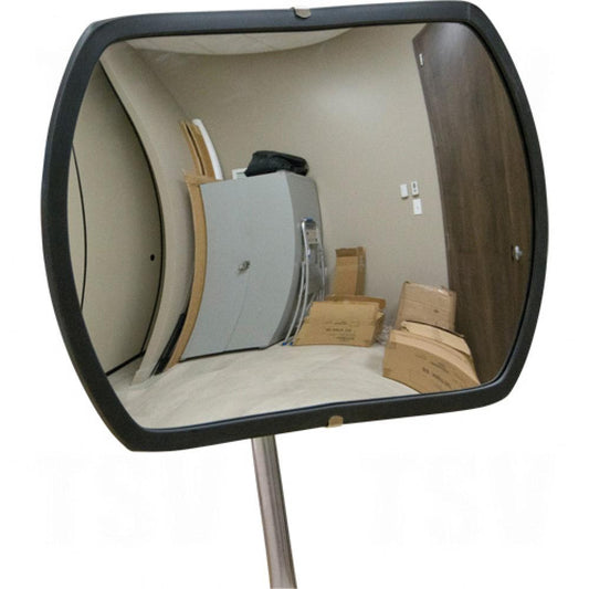 Miroir convexe rond et triangulaire avec bras télescopique, 24 po H x 36 po L, intérieur/extérieur, dos en acier et cadre en caoutchouc