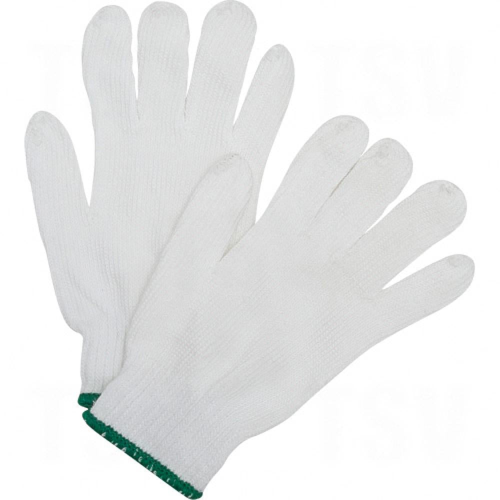 Seamless String Knit Gloves, Polyester, White with Green Wrist, 10 Gauge, Medium
