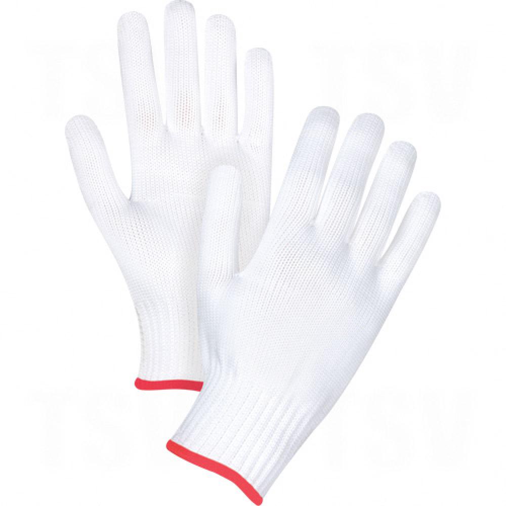 Seamless String Knit Gloves, Polyester, White with Brown Wrist, 10 Gauge, Large