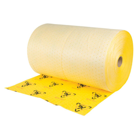 Rouleaux d'avertissement - Absorbants haute visibilité, poids lourd, 150 pi L x 30 po l, capacité d'absorption de 57 gal.