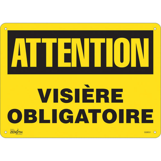 Enseigne « Visière Obligatoire », 10" x 14", Plastique, Français